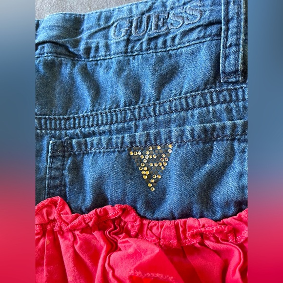8 Guess Tiered Ruffle Chambray Denim Skirt, Fuchsia Pink Polka Dot, Crystals - Picture 12 of 12